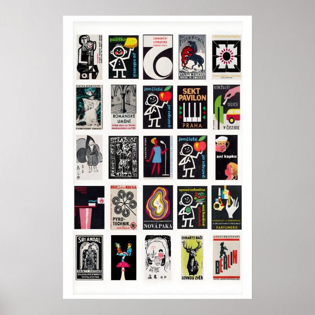 Black Retro matchbox labels wall art, grid Poster (Framsidan)
