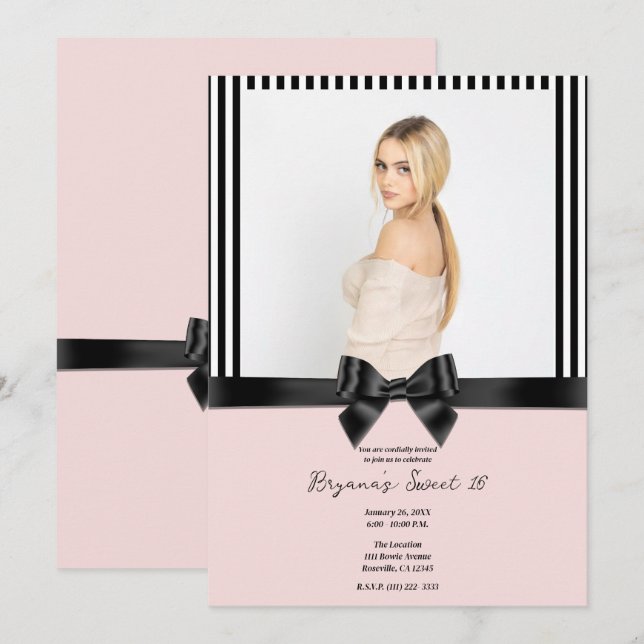 Black Ribbon Bow Rand  Rosa Foto Sweet 16 Inbjudningar (Fram/baksida)