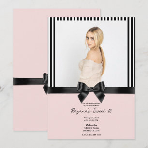 Black Ribbon Bow Rand  Rosa Foto Sweet 16 Inbjudningar