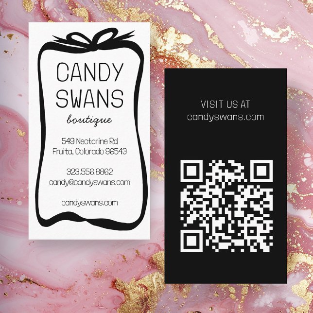Black Ribbon Bows Sweet Anpassningsbar QR Code Gir Visitkort (Black Ribbon Bows Sweet Custom QR Code Girly Business Card
)