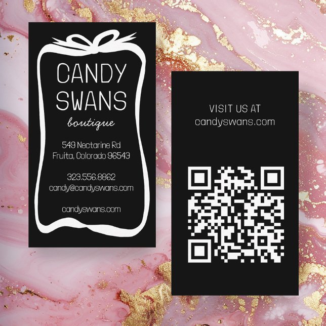 Black Ribbon Bows Sweet Anpassningsbar QR Code Gir Visitkort (Black Ribbon Bows Sweet Custom QR Code Girly Business Card
)