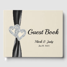 Black Ribbon Diamond Hearts Bröllop Guestbook