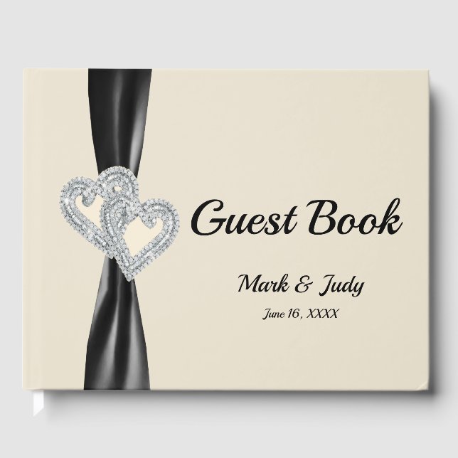 Black Ribbon Diamond Hearts Bröllop Guestbook Gästböcker (Framsida)