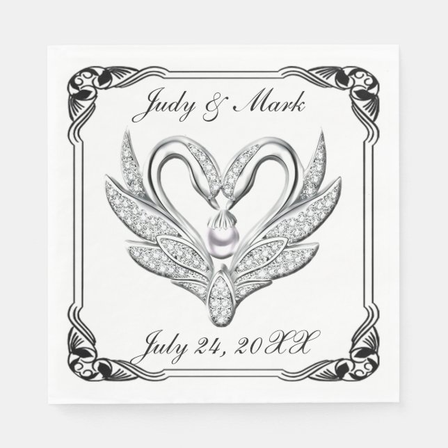 Black Ribbon Silver Svanar Pappra Napkins Pappersservett (Framsidan)