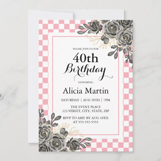 Black Ro Baby Rosa & White Checkat Birthday Inbjudningar (Framsida)