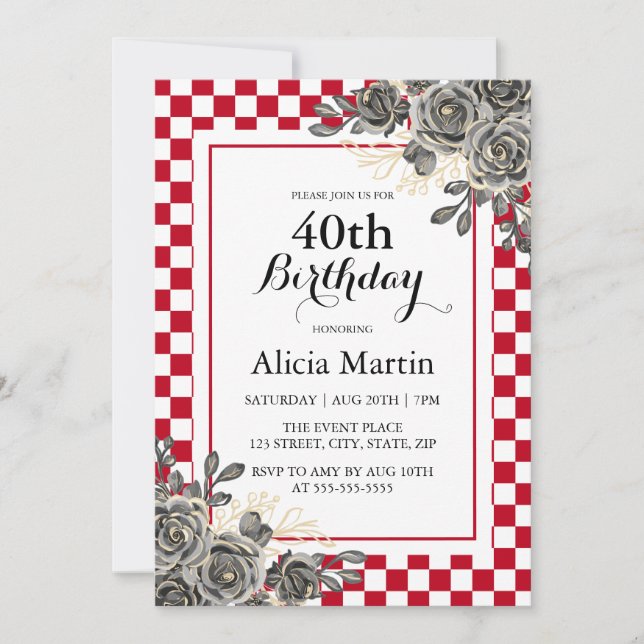 Black Ro Burgundy & White Checkat Birthday Inbjudningar (Framsida)