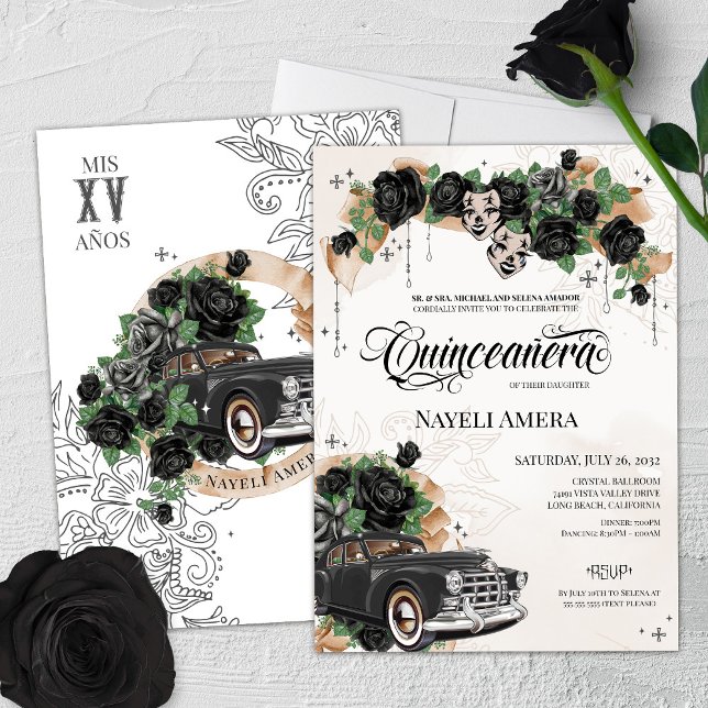 Black Ro Chicana Classic Lowrider Car Quince Inbjudningar (Skapare uppladdad)