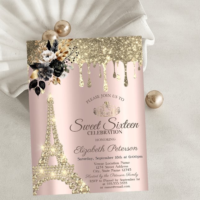 Black Ro Eiffel Torn Guld Drips Sweet 16 Inbjudningar (Skapare uppladdad)