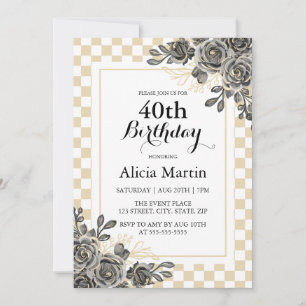 Black Ro Flora Guld & White Checkat Birthday Inbjudningar