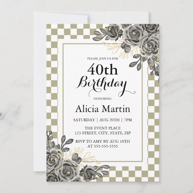 Black Ro Flora Sage & White Checkat Birthday Inbjudningar (Framsida)