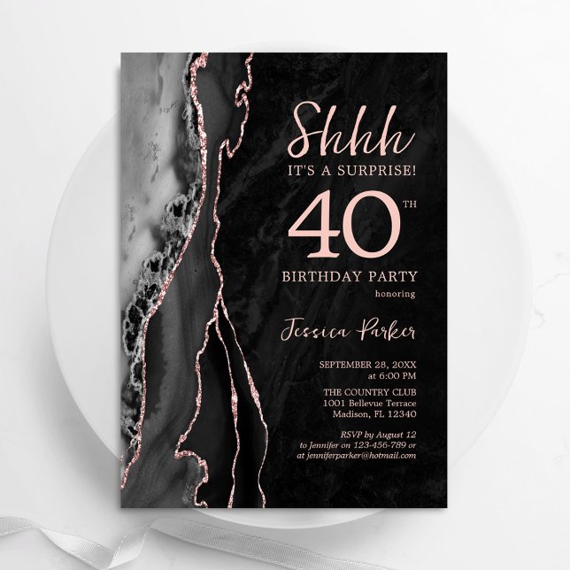 Black Ro Guld Agate Surprise 40:e födelsedagen Inbjudningar (Skapare uppladdad)