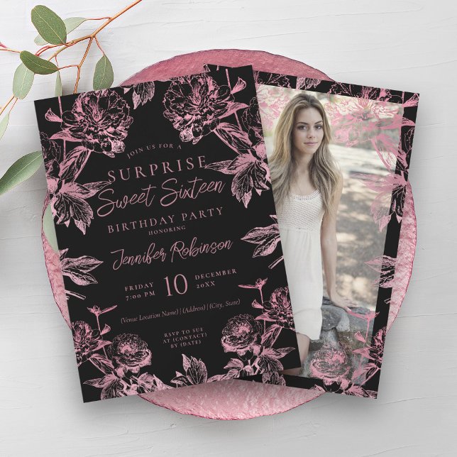 Black Ro Guld Blommigt Photo SURPRISE Sweet 16 Inbjudningar (Black Rose Gold Floral Photo SURPRISE Sweet 16 Invitation)