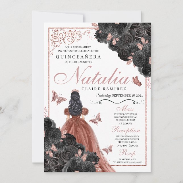 Black Ro Guld Butterfly Princess Quinceañera Inbjudningar (Framsida)