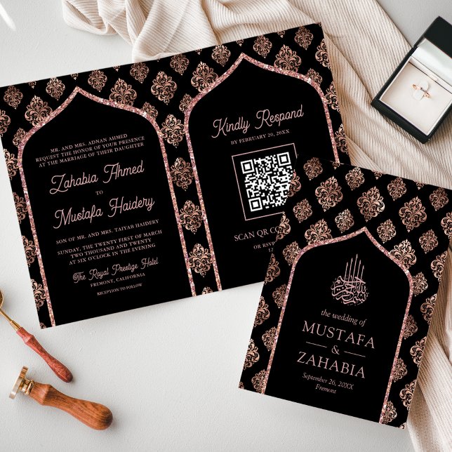 Black Ro Guld Damask Arch QR-kod Muslim Bröllop Inbjudan (Skapare uppladdad)