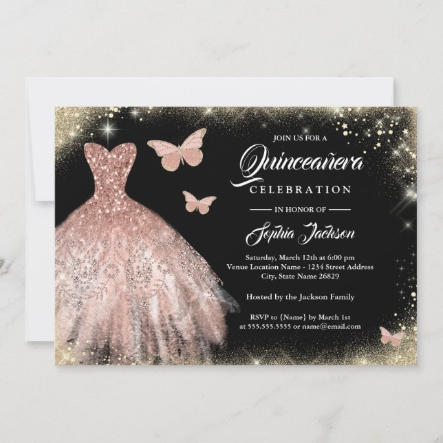 Black Ro Guld Dress Butterfly Quinceanera Inbjudningar (Framsida)