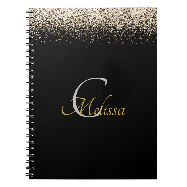 Black Ro Guld Faux Glitter Monogram Namn Anteckningsbok (Framsidan)