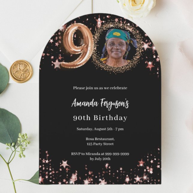 Black ro guld fotostjärnor 90:e födelsedagskalende inbjudningar (Skapare uppladdad)