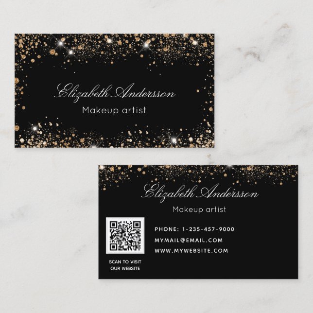 Black ro guld glitter stoft elegant QR-kod Visitkort (Fram/baksida)