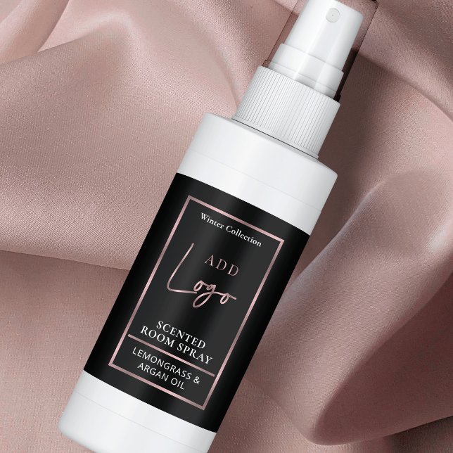 Black & Ro Guld Logotyp Room Spray Flaska-etikett Fraktsedel (Elegant black and faux rose gold room spray bottle labels)