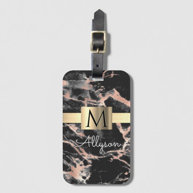Black & Ro Guld Marble Guld Box, Namn & Monogram Bagagebricka (Framsida vertikal)