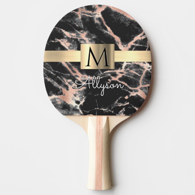 Black & Ro Guld Marble Guld Box, Namn & Monogram Pingisracket (Framsidan)