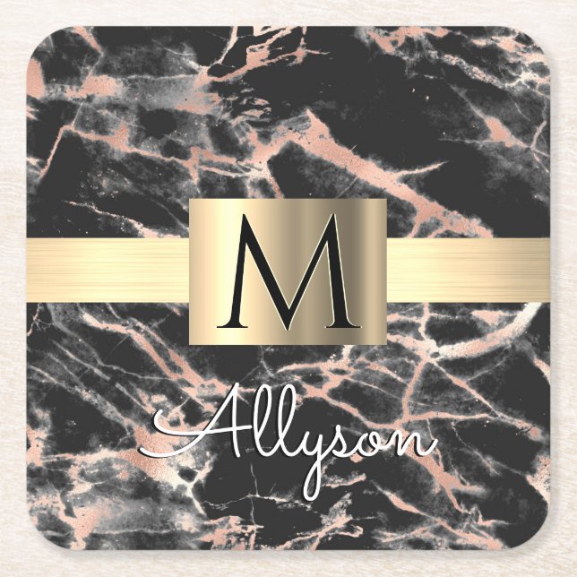 Black & Ro Guld Marble Guld Box, Namn & Monogram Underlägg Papper Kvadrat (Framsidan)