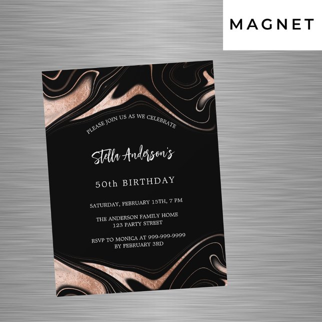 Black ro guld marble lyxur, modern födelsedag magnetisk inbjudningskort (Skapare uppladdad)