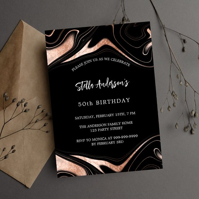 Black ro guld marmor, modern födelsedag inbjudan vykort (Skapare uppladdad)