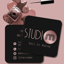 Black Ro Guld Monogram Nail Artist Fyrkantigt Visitkort