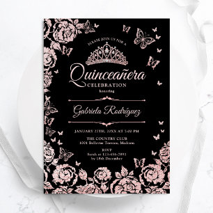 Black Ro Guld Rosor Butterflies Quinceanera Inbjudningar