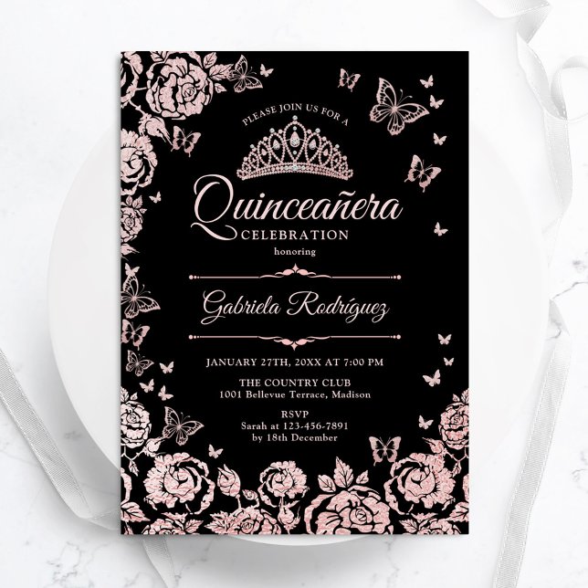 Black Ro Guld Rosor Butterflies Quinceanera Inbjudningar (Skapare uppladdad)