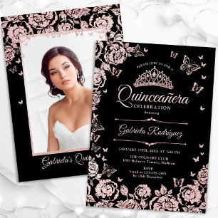 Black Ro Guld Rosor Quinceanera Photo Inbjudningar