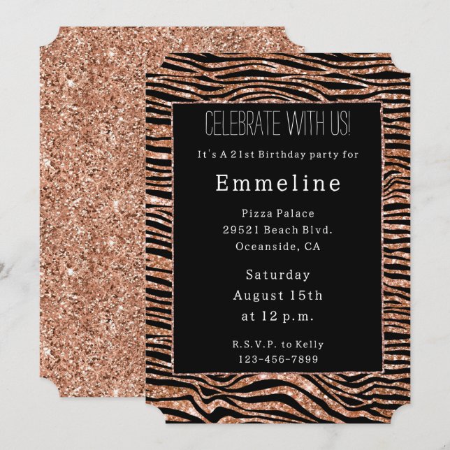 Black Ro Guld Zebra Glitter Inbjudningar (Fram/baksida)