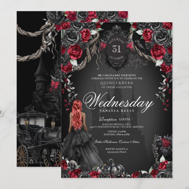 Black Ro Red Quinceañera Gothic Halloween Inbjudningar (Fram/baksida)