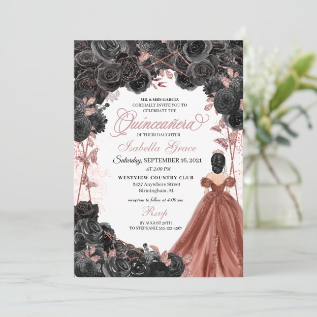 Black Ro Rosa Butterfly Glitter Quinceañera Inbjudningar (Stående Fram)