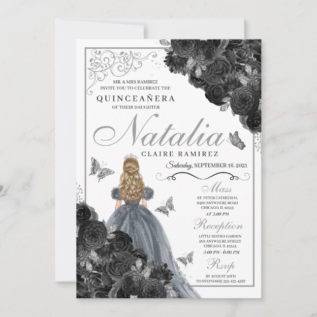 Black Ro Silver Butterfly Princess Quinceañera Inbjudningar (Framsida)