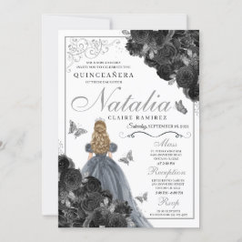 Black Ro Silver Butterfly Princess Quinceañera Inbjudningar