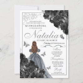 Black Ro Silver Butterfly Princess Quinceañera Inbjudningar