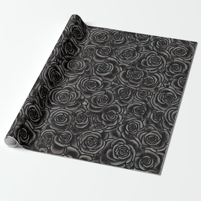 Black Ro Whimsigoth Mörk Blommönster gotiic Presentpapper (Utrullad)