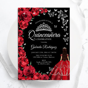 Black Röd ros Butterflies Quinceanera Inbjudningar