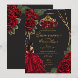 Black Röd ros Guld Princess Quinceañera Inbjudningar