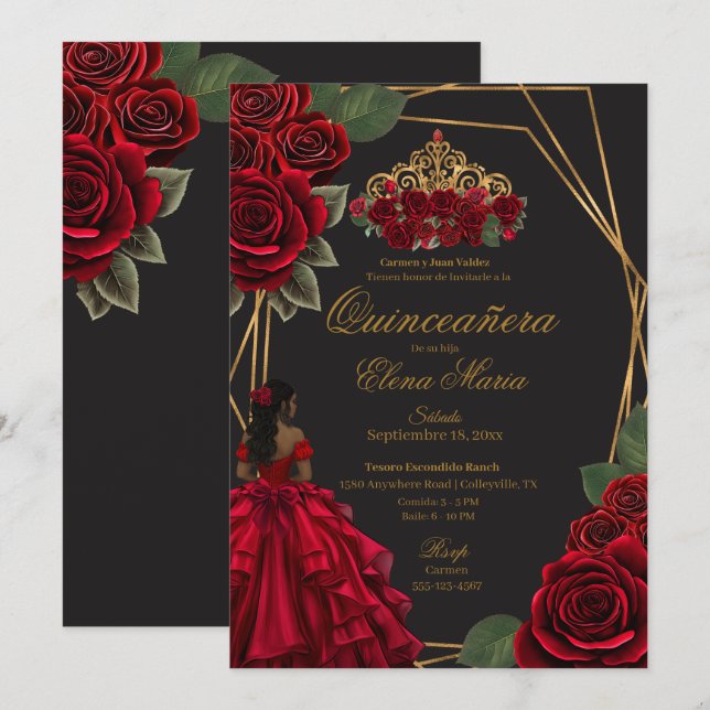Black Röd ros Guld Princess Quinceañera Inbjudningar (Fram/baksida)