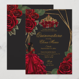 Black Röd ros Guld Princess Quinceañera Inbjudningar