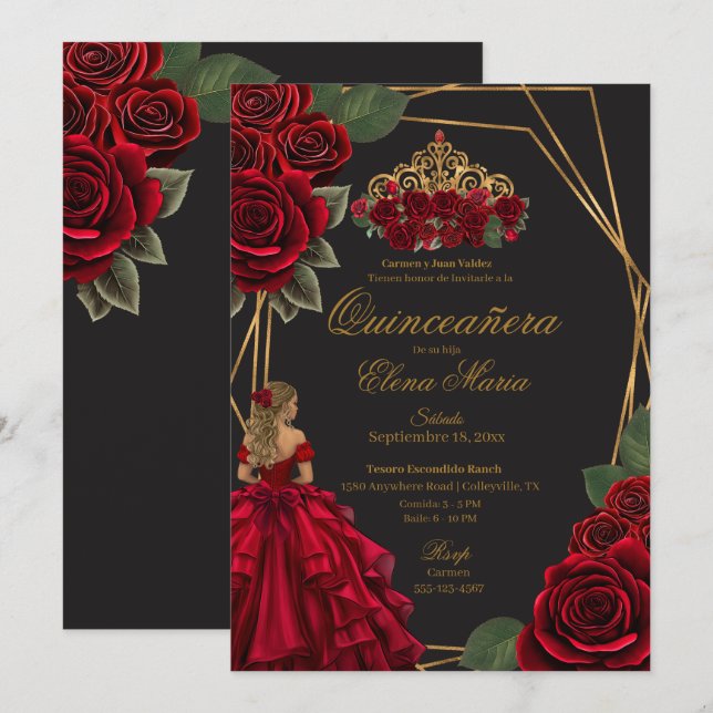 Black Röd ros Guld Princess Quinceañera Inbjudningar (Fram/baksida)