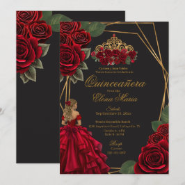 Black Röd ros Guld Princess Quinceañera Inbjudningar