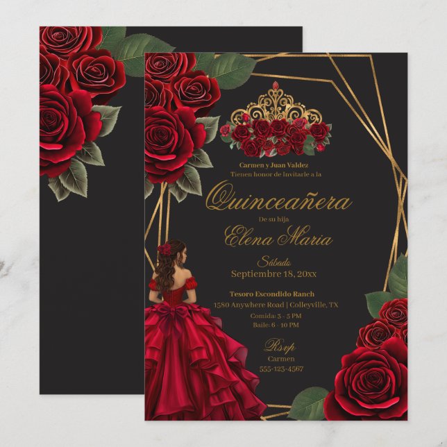 Black Röd ros Guld Princess Quinceañera Inbjudningar (Fram/baksida)