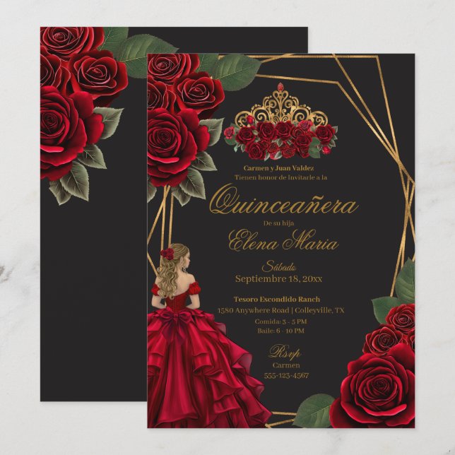 Black Röd ros Guld Princess Quinceañera Inbjudningar (Fram/baksida)