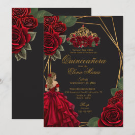 Black Röd ros Guld Princess Quinceañera Inbjudningar