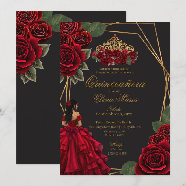 Black Röd ros Guld Princess Quinceañera Inbjudningar (Fram/baksida)