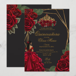 Black Röd ros Guld Princess Quinceañera Inbjudningar